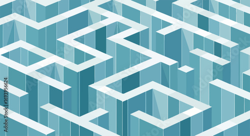 Complex maze pattern with blue and white stripes. Intricate maze design features a challenging path through a labyrinth of walls.