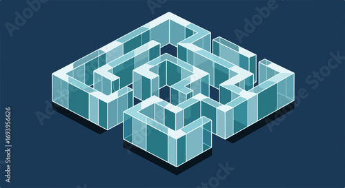 Complex glass maze puzzle design. Intricate labyrinth game challenge with transparent glass walls.  Conceptual maze image for problem solving and strategy games.