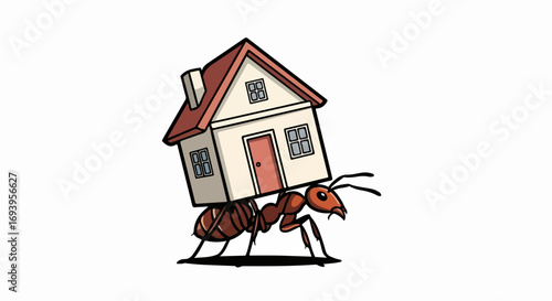 Ant carrying house. Small ant carries large house. Illustration shows strong ant transporting home.  Concept illustration ideal for real estate marketing.