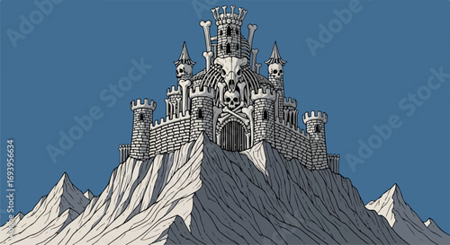 Dark castle on hilltop, gothic architecture with skull details. Imposing castle structure with bone elements, detailed stonework and towers.