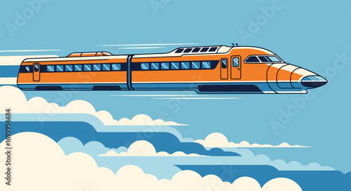 Futuristic high-speed train soaring above clouds. Orange train design with sleek lines and windows. Modern transportation concept for travel brochures, posters, and websites.