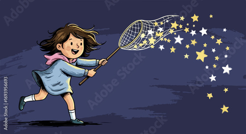 Little girl catching stars with net. Child playing outdoors at night, running and smiling while collecting glittering stars in magical net. Dreamy illustration for children's book, fairytale,