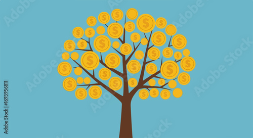 Money tree with golden coins growing on branches. Illustration depicts financial growth and wealth creation. Concept money tree image for business presentations, financial reports,