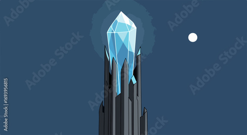 Isolated crystal tower stands against background of twilight sky. Crystal tower's sharp edges catch faint light in silent majesty, its geometric form a testament to natural architecture.
