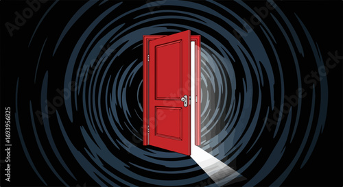 Open door in the darkness with light, symbolizing hope. Open door reveals possibilities and opportunities, representing new beginnings.