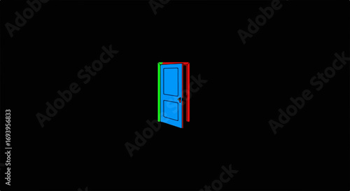 Vivid opening door with colorful blue, green, and red frames, brightly lit. This opening door symbolizes opportunities and transitions, creating a sense of anticipation.