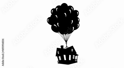 House lifted by balloons, whimsical scene shows dreamlike house lifted by balloons against clear background. Evokes fantasy and imagination, house floating with balloons creates whimsical,