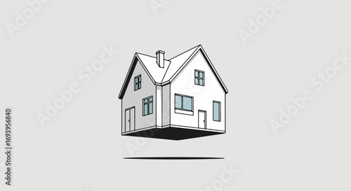Floating house illustration showing modern residential architecture with contemporary minimalist house design. Floating house is drawn with simple line and shadow,