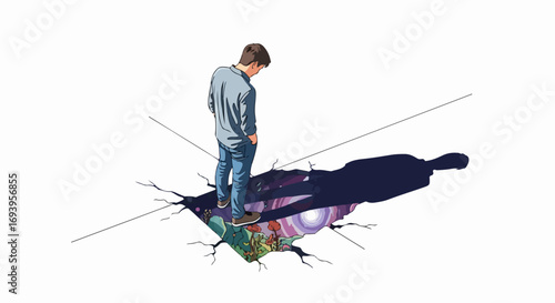 Conceptual image of an existential crisis shows young man standing on cracked surface. Existential crisis and feelings of anxiety, fear, and depression are portrayed as cracks reveal colorful void.