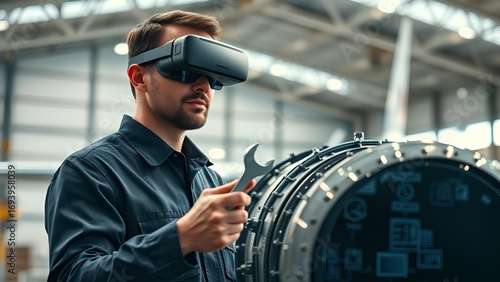 Engineer Inspecting Aircraft Engine with Mixed Reality Overlay