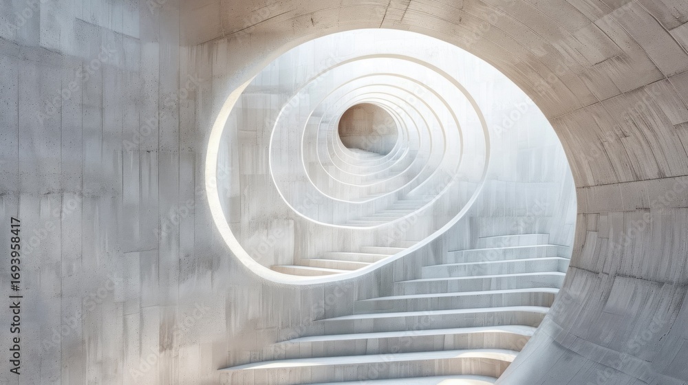 Fototapeta premium A modern, abstract concrete spiral staircase with a circular opening in the wall.