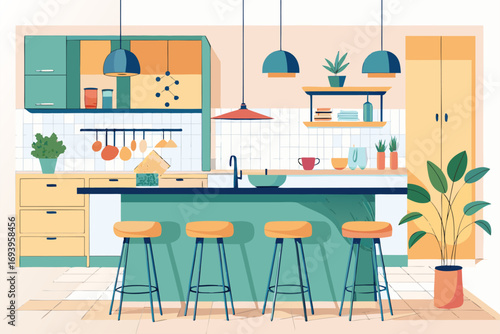 Stylish modern kitchen interior featuring white cabinets, wooden panel accents, bar stools, and a sleek countertop. Large windows allow natural sunlight to brighten the space, complemented by indoor g