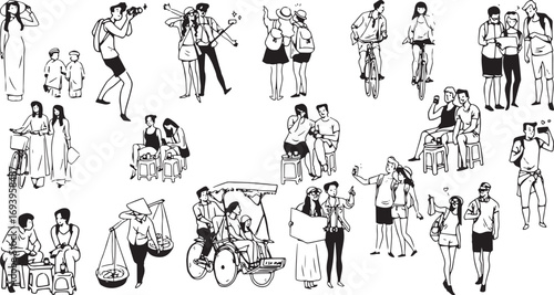 Vector Illustration of People Traveling and on Vacation, Hand-Drawn with Various Activities