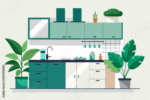Stylish modern kitchen interior featuring white cabinets, wooden panel accents, bar stools, and a sleek countertop. Large windows allow natural sunlight to brighten the space, complemented by indoor g