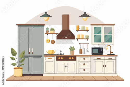 Stylish modern kitchen interior featuring white cabinets, wooden panel accents, bar stools, and a sleek countertop. Large windows allow natural sunlight to brighten the space, complemented by indoor g