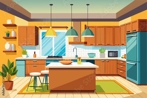 Stylish modern kitchen interior featuring white cabinets, wooden panel accents, bar stools, and a sleek countertop. Large windows allow natural sunlight to brighten the space, complemented by indoor g