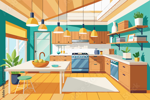 Stylish modern kitchen interior featuring white cabinets, wooden panel accents, bar stools, and a sleek countertop. Large windows allow natural sunlight to brighten the space, complemented by indoor g