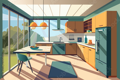 Stylish modern kitchen interior featuring white cabinets, wooden panel accents, bar stools, and a sleek countertop. Large windows allow natural sunlight to brighten the space, complemented by indoor g