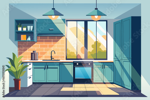 Stylish modern kitchen interior featuring white cabinets, wooden panel accents, bar stools, and a sleek countertop. Large windows allow natural sunlight to brighten the space, complemented by indoor g