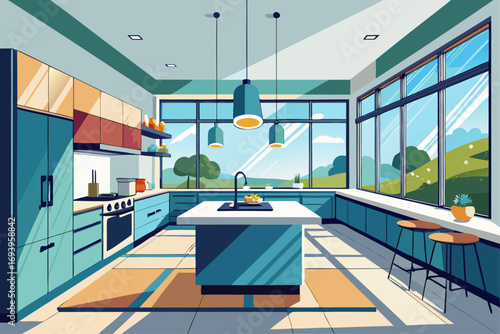 Stylish modern kitchen interior featuring white cabinets, wooden panel accents, bar stools, and a sleek countertop. Large windows allow natural sunlight to brighten the space, complemented by indoor g