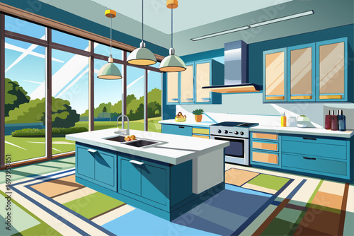 Stylish modern kitchen interior featuring white cabinets, wooden panel accents, bar stools, and a sleek countertop. Large windows allow natural sunlight to brighten the space, complemented by indoor g