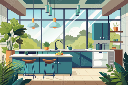 Stylish modern kitchen interior featuring white cabinets, wooden panel accents, bar stools, and a sleek countertop. Large windows allow natural sunlight to brighten the space, complemented by indoor g