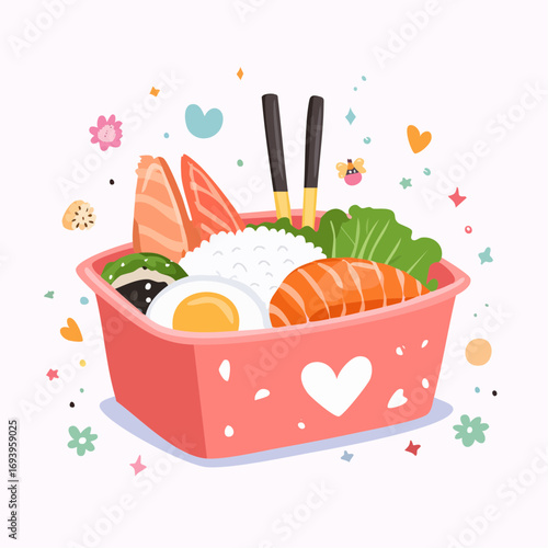 Japanese Bento Box with Rice, Sushi, Tempura and Vegetables Vector Illustration