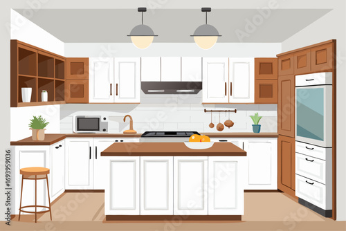 Stylish modern kitchen interior featuring white cabinets, wooden panel accents, bar stools, and a sleek countertop. Large windows allow natural sunlight to brighten the space, complemented by indoor g