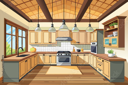 Stylish modern kitchen interior featuring white cabinets, wooden panel accents, bar stools, and a sleek countertop. Large windows allow natural sunlight to brighten the space, complemented by indoor g