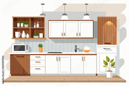 Stylish modern kitchen interior featuring white cabinets, wooden panel accents, bar stools, and a sleek countertop. Large windows allow natural sunlight to brighten the space, complemented by indoor g