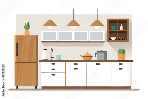 Stylish modern kitchen interior featuring white cabinets, wooden panel accents, bar stools, and a sleek countertop. Large windows allow natural sunlight to brighten the space, complemented by indoor g