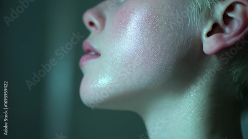 Close-up: Female skin texture glistening with sweat