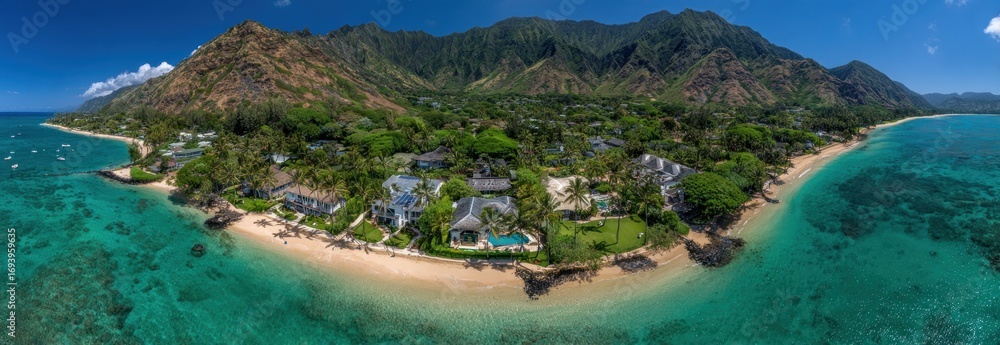 Naklejka premium Panorama of a tropical beach resort with lush green mountains in the background, turquoise water, and white sand under a clear blue sky