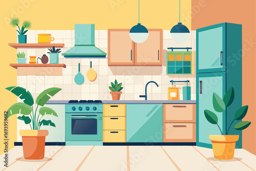 Stylish modern kitchen interior featuring white cabinets, wooden panel accents, bar stools, and a sleek countertop. Large windows allow natural sunlight to brighten the space, complemented by indoor g