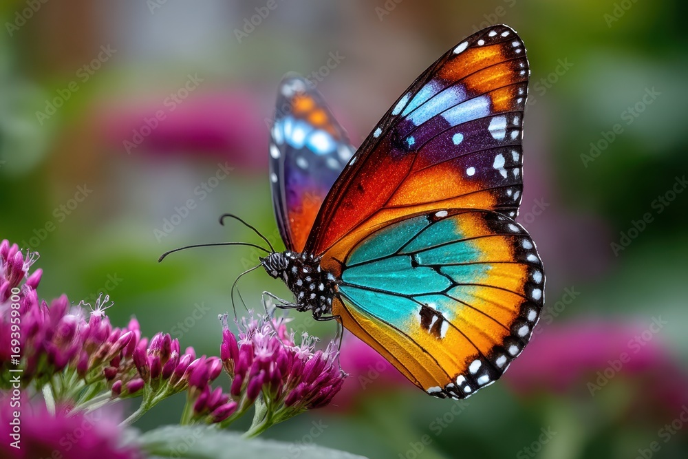 Fototapeta premium Vibrant Butterfly on Pink Flowers in Nature