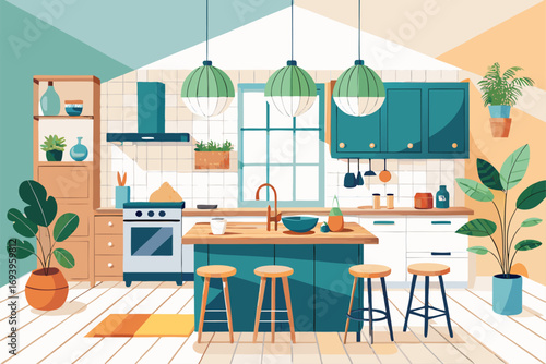 Stylish modern kitchen interior featuring white cabinets, wooden panel accents, bar stools, and a sleek countertop. Large windows allow natural sunlight to brighten the space, complemented by indoor g