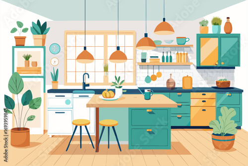 Stylish modern kitchen interior featuring white cabinets, wooden panel accents, bar stools, and a sleek countertop. Large windows allow natural sunlight to brighten the space, complemented by indoor g