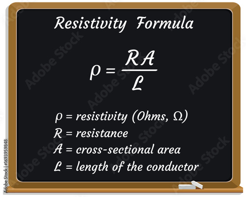 Resistivity Formula on a black chalkboard.. Education. Science. Formula. Vector illustration.	