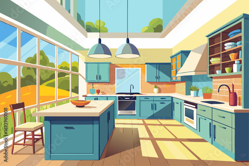 Stylish modern kitchen interior featuring white cabinets, wooden panel accents, bar stools, and a sleek countertop. Large windows allow natural sunlight to brighten the space, complemented by indoor g