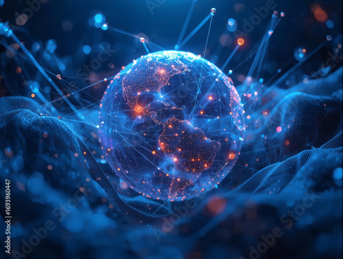 High Tech Blue Digital World with Interconnected Lines and Nodes Representing Global Communication