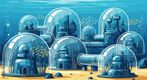 Underwater city with futuristic architecture under clear domes in deep blue sea. Underwater city architecture showing a concept of aquatic living with domes, sandy seabed, and ocean wildlife.