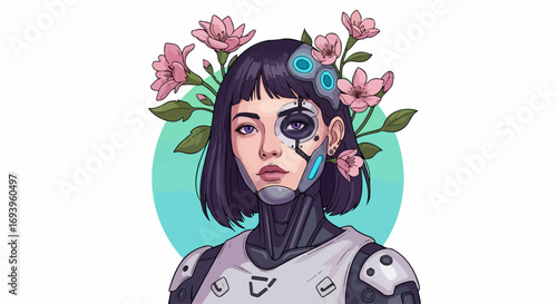 Cyberpunk portrait of futuristic woman adorned with blossoms, presenting concept of advanced tech. The futuristic woman has robotic implants blending seamlessly with her organic features,