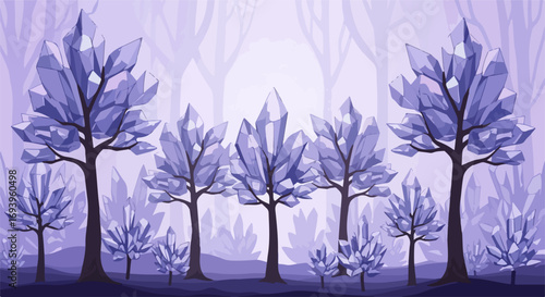 Crystal forest landscape showcases crystalline trees against hazy background, presenting ethereal scene. Crystal forest landscape is unique, dreamlike.