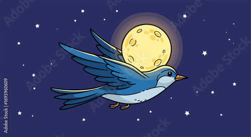 Illustrative blue bird gracefully flies in night sky filled with twinkling stars. Blue bird glides past full moon, creating serene scene of nighttime flight.