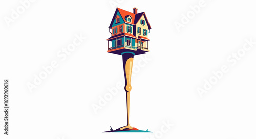 Whimsical stilt house illustration showcases architectural fantasy with colorful structure, unusual base and creative concept. This stilt house illustration demonstrates architectural creativity,