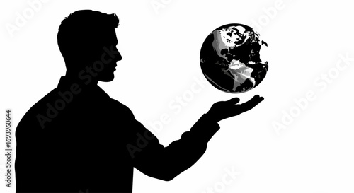 Silhouette with world globe demonstrating global awareness. Silhouette with world globe held in hand, symbol of environmental consciousness, suggests social responsibility.