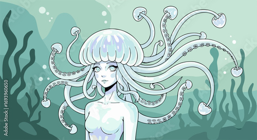 Fantasy character with jellyfish hair and sea background. This fantasy character has delicate features with translucent skin, reminiscent of deep sea creatures.