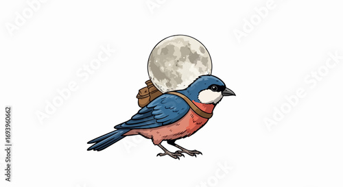 Bird illustration of small bird against backdrop of full moon. This cute bird illustration showcases bird with backpack under moonlight, bird looks like it is traveling.