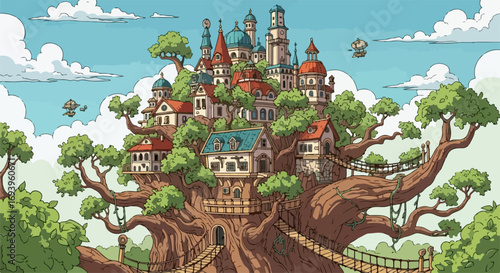 Whimsical treehouse town scene depicts elaborate structures nestled among sturdy branches, blending nature with fantasy architecture.