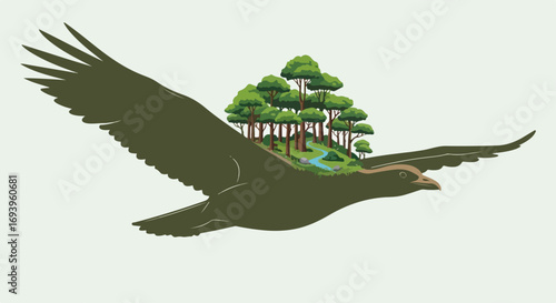 Flying eagle with forest on its back, aerial landscape illustration on isolated background. Concept for ecological awareness, symbol of nature and freedom, flying eagle,